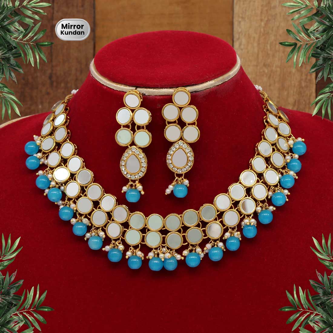 Firozi Color Kundan Mirror Necklace Set (MRN102FRZ) Jewelry GetGlit   