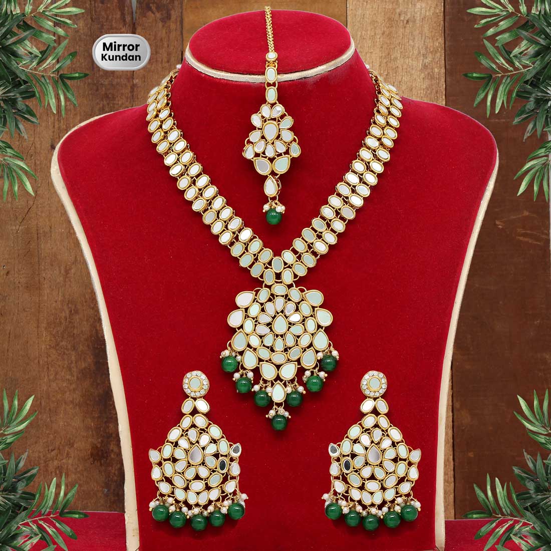 Green Color Mirror Kundan Necklace Set (MRN103GRN) Necklaces GetGlit   