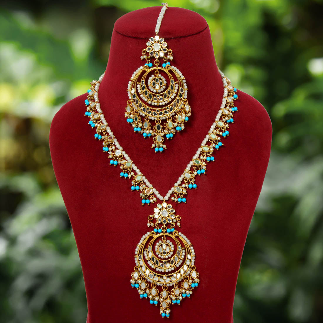 Firozi Color Kundan Mirror Necklaces Set (MRN107FRZ) Jewelry GetGlit   