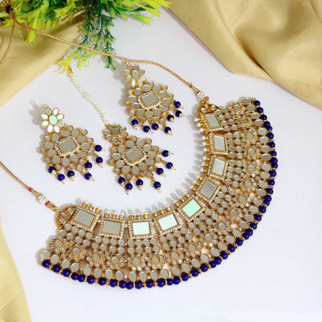 Blue Color Kundan Mirror Necklaces Set (MRN117BLU) Jewelry GetGlit   