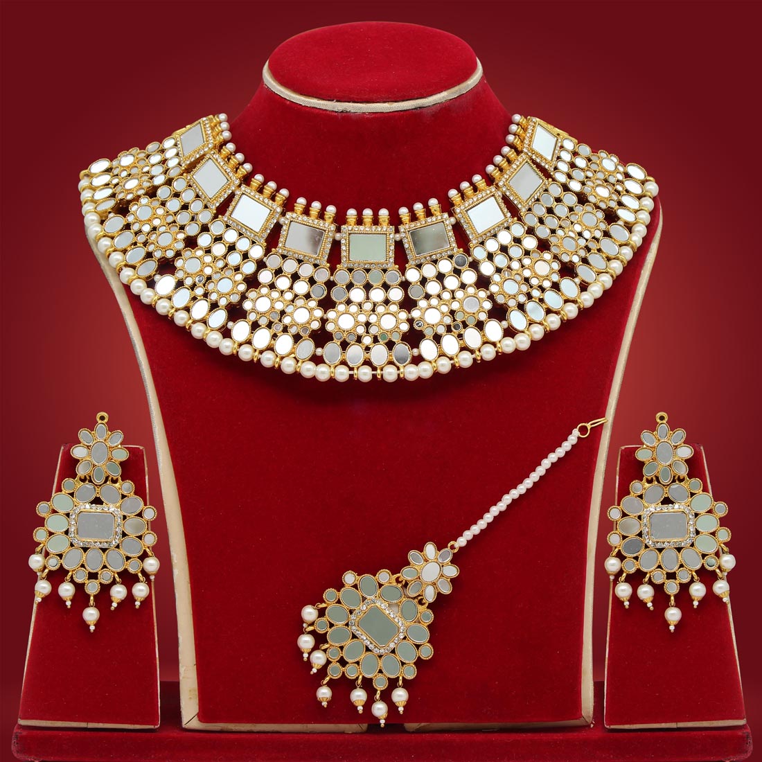 White Color Kundan Mirror Necklaces Set (MRN117WHT) Jewelry GetGlit   