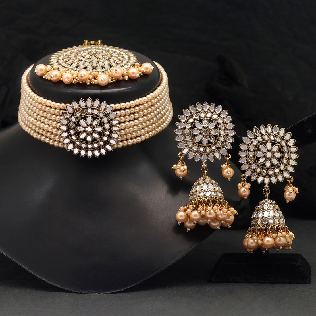 Gold Color Kundan Mirror Choker Necklace set Jewelry GetGlit   