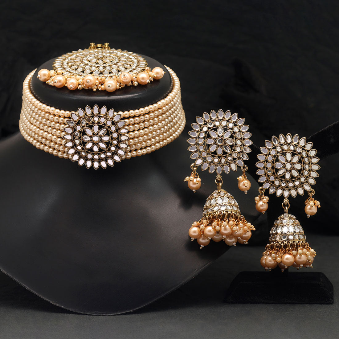 Gold Color Kundan Mirror Choker Necklace set Necklaces GetGlit   