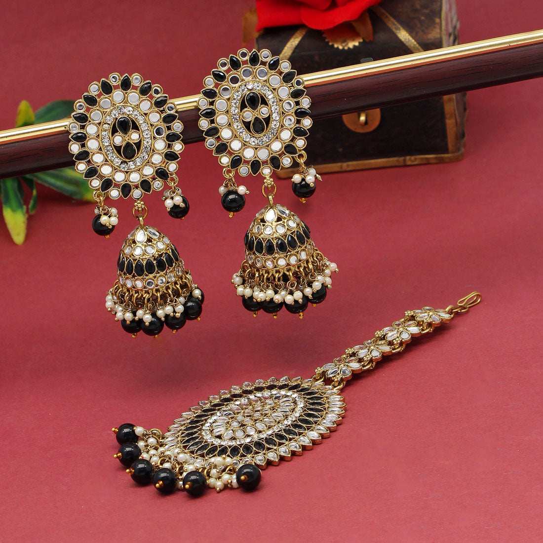 Black Color Mirror Kundan Earrings With Maang Tikka (MTKE459BLK) Jewelry GetGlit   