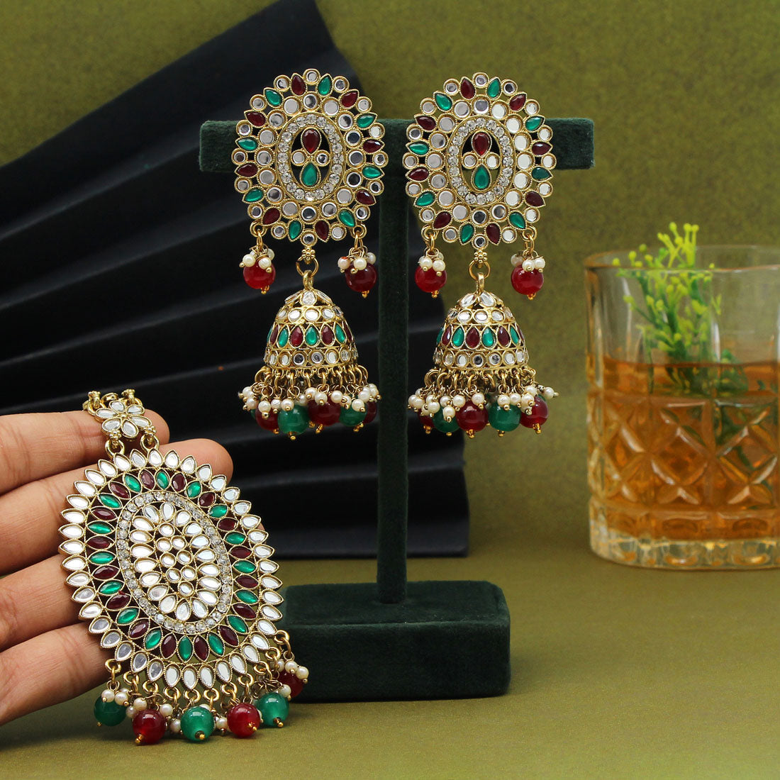 Maroon & Green Color Mirror Kundan Earrings With Maang Tikka (MTKE459MG) Jewelry GetGlit   