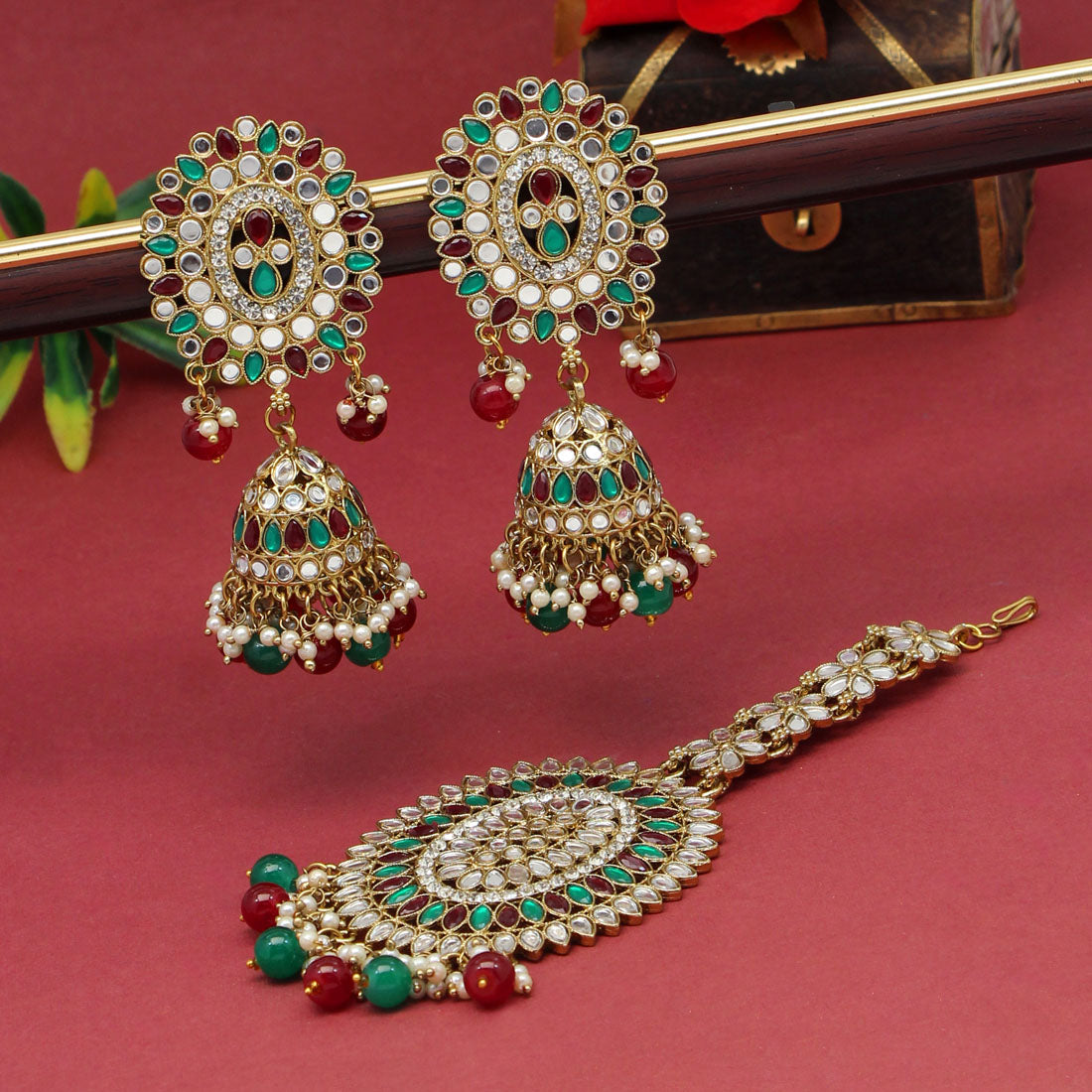 Maroon & Green Color Mirror Kundan Earrings With Maang Tikka (MTKE459MG) Jewelry GetGlit   