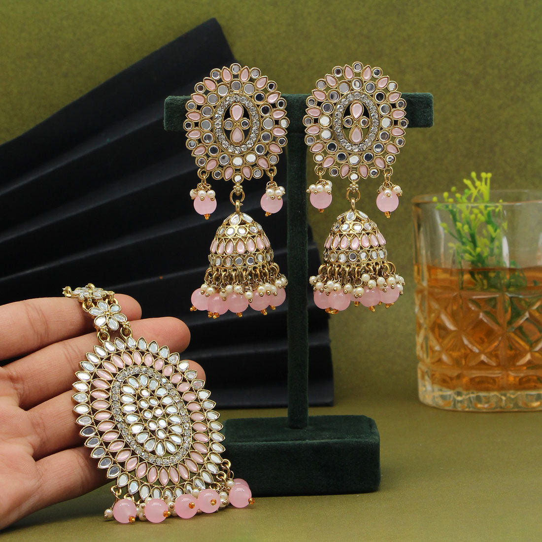 Pink Color Mirror Kundan Earrings With Maang Tikka (MTKE459PNK) Jewelry GetGlit   