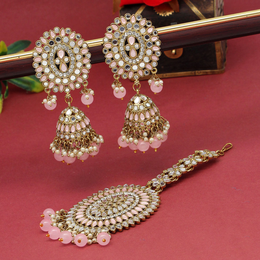 Pink Color Mirror Kundan Earrings With Maang Tikka (MTKE459PNK) Earrings GetGlit   