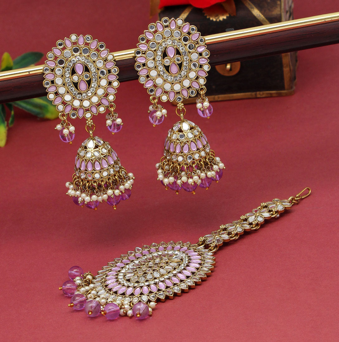 Purple Color Mirror Kundan Earrings With Maang Tikka Jewelry GetGlit   