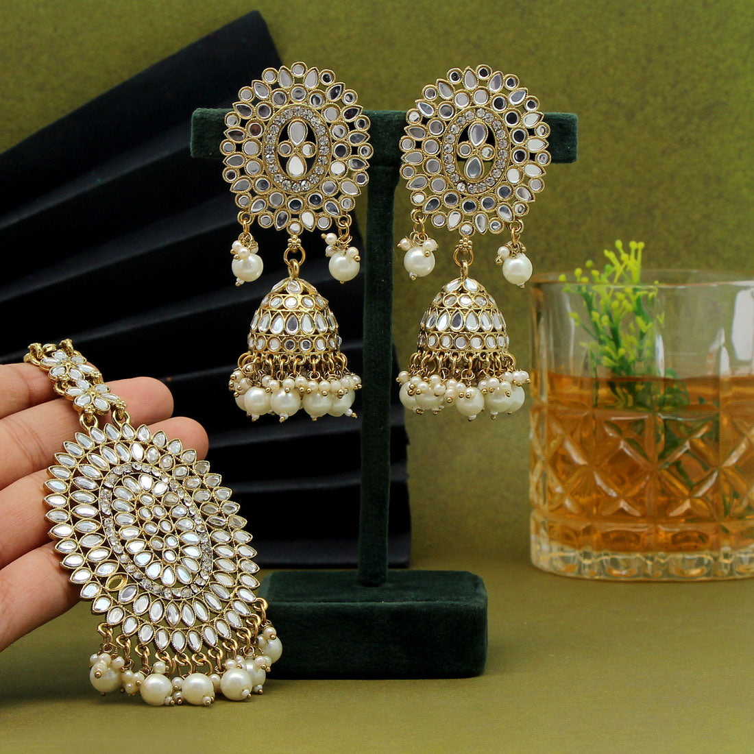 White Color Mirror Kundan Earrings With Maang Tikka Jewelry GetGlit   
