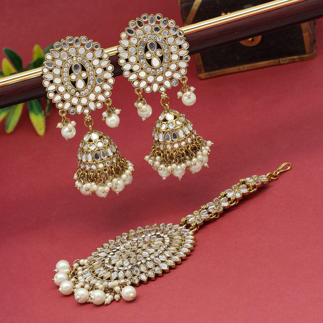 White Color Mirror Kundan Earrings With Maang Tikka Jewelry GetGlit   