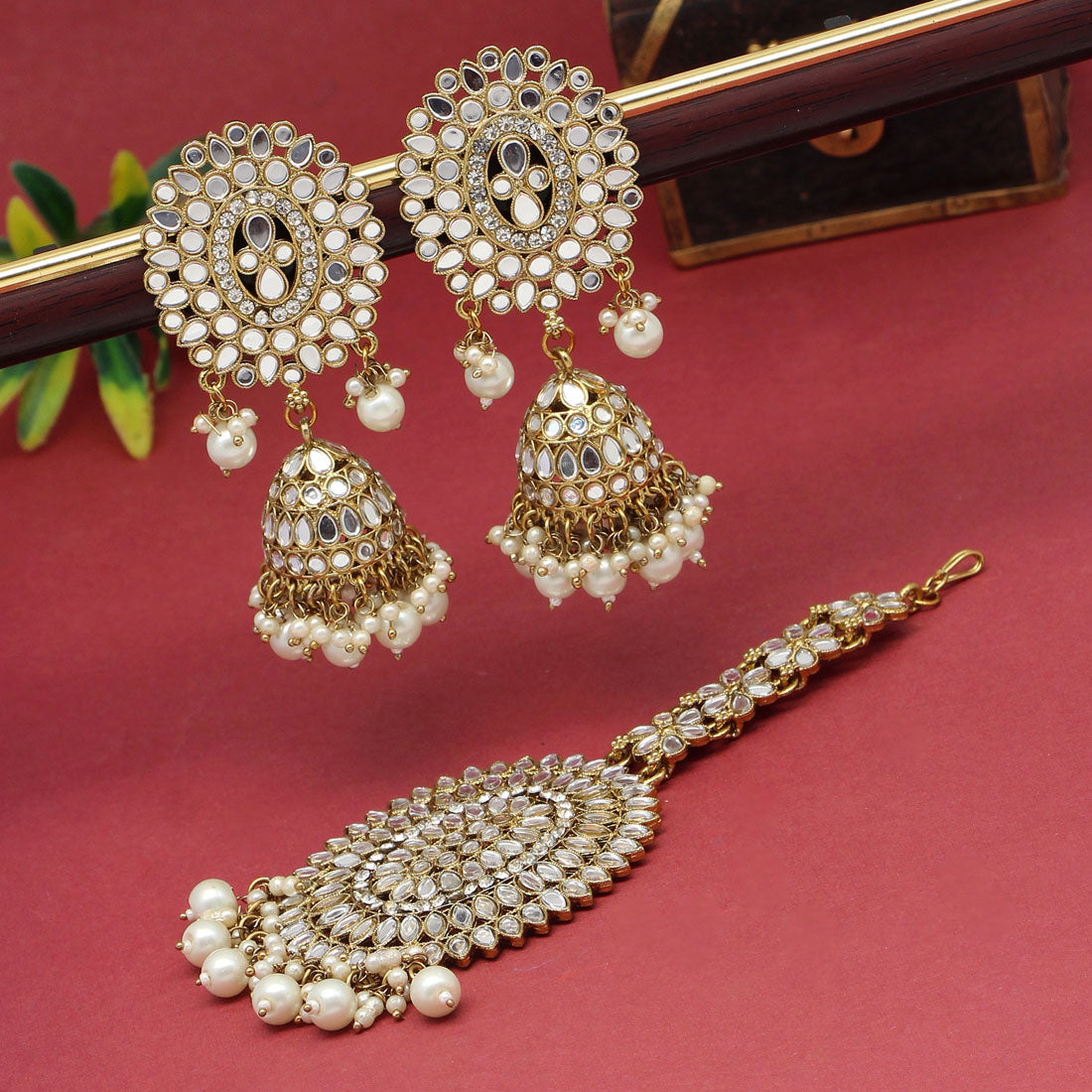 White Color Mirror Kundan Earrings With Maang Tikka Earrings GetGlit   