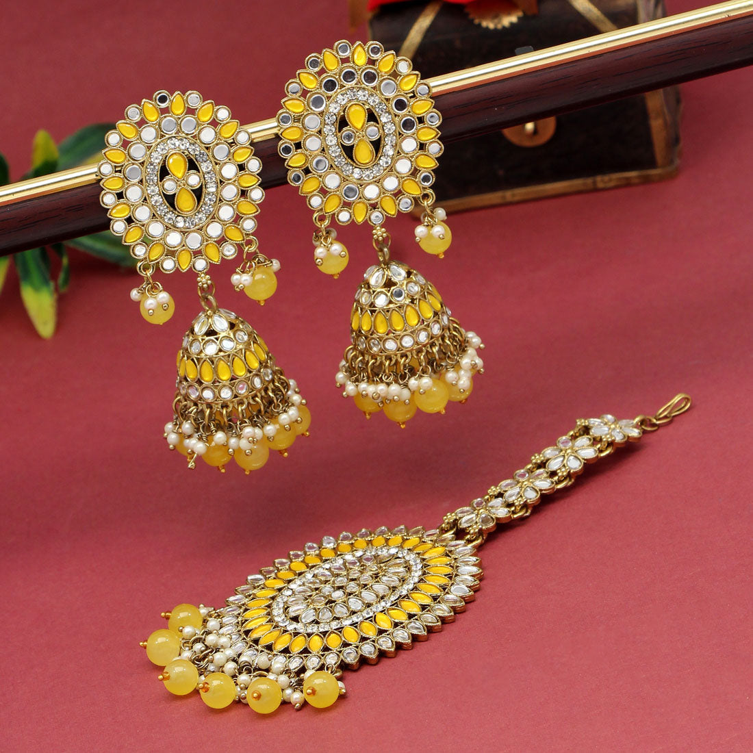 Yellow Color Mirror Kundan Earrings With Maang Tikka (MTKE459YLW) Earrings GetGlit   