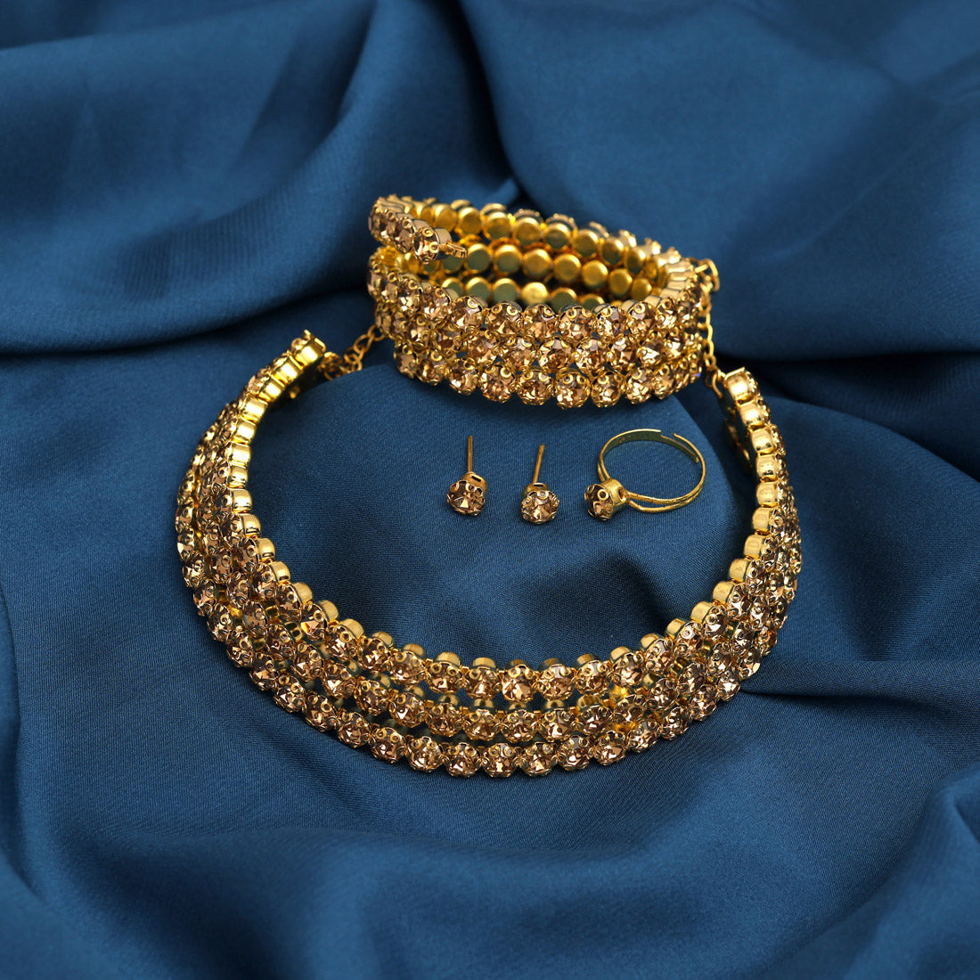Gold Color Choker Stone Necklace Set With Ring And Bracelet (STN162GLD) Jewelry GetGlit   
